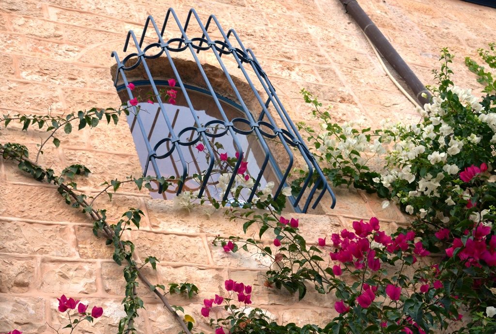 Yemin Moshe window with flowers Jerusalem Israel 
