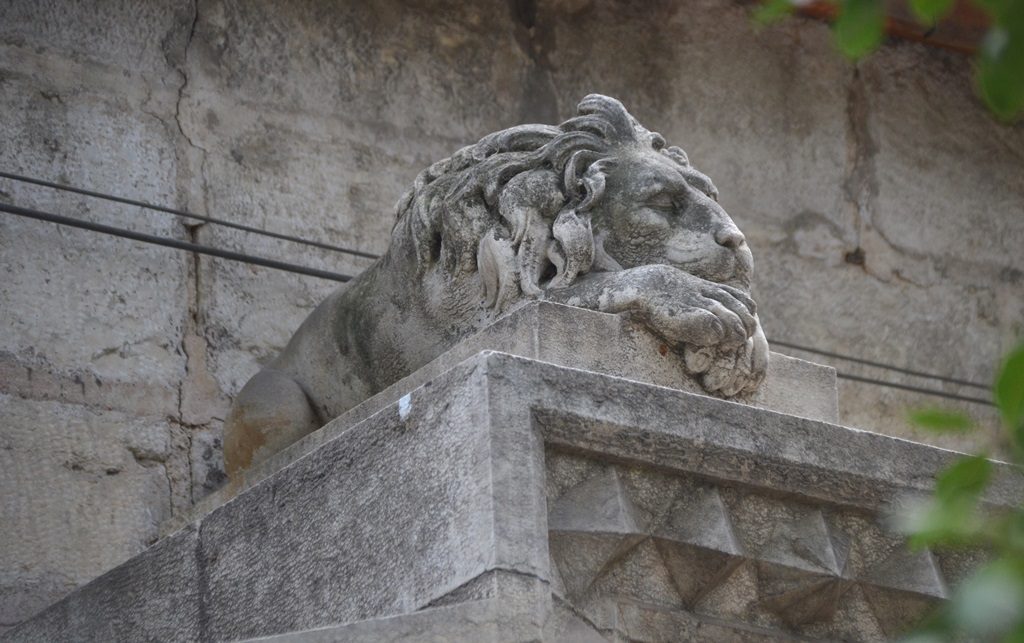 Carved stone lion over house on Emek Refaim Street Jerusalem Israel 