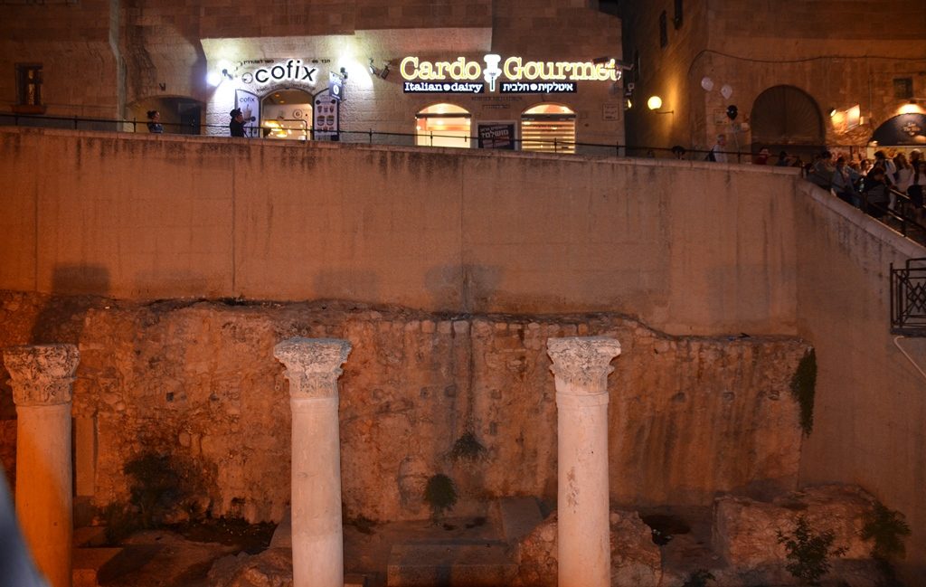 Lights of new food places above Cardo in Old City Jerusalem Israel