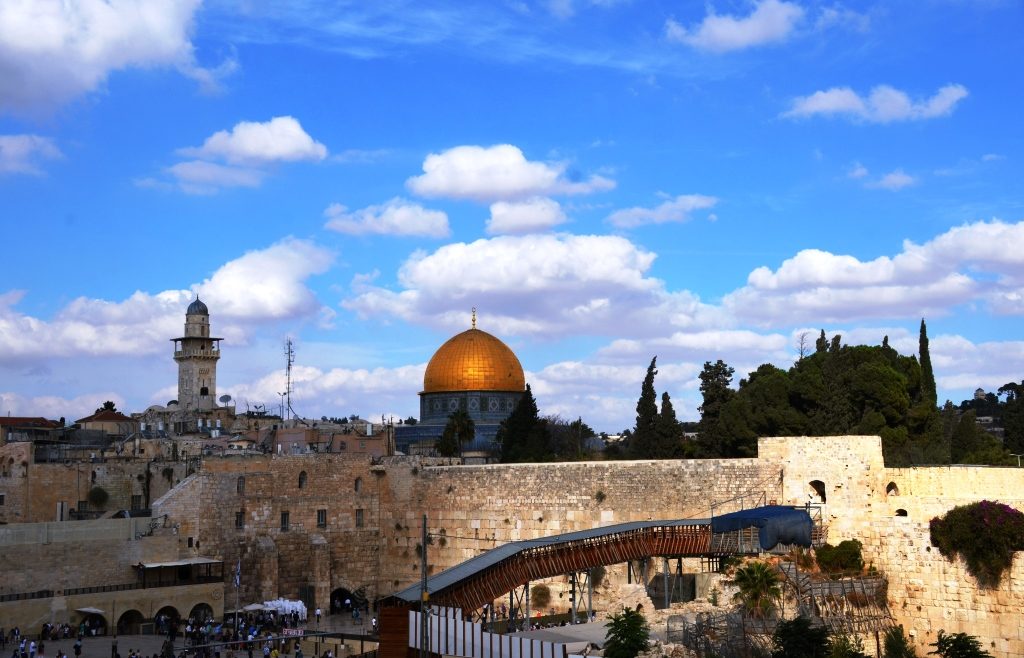 Jerusalem, Israel blue sky, white clouds over the Western Wall in Old City Jerusalem Israel 