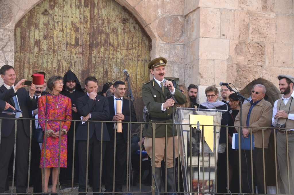 Actor as General Allenby on steps of Tower of David Museum 