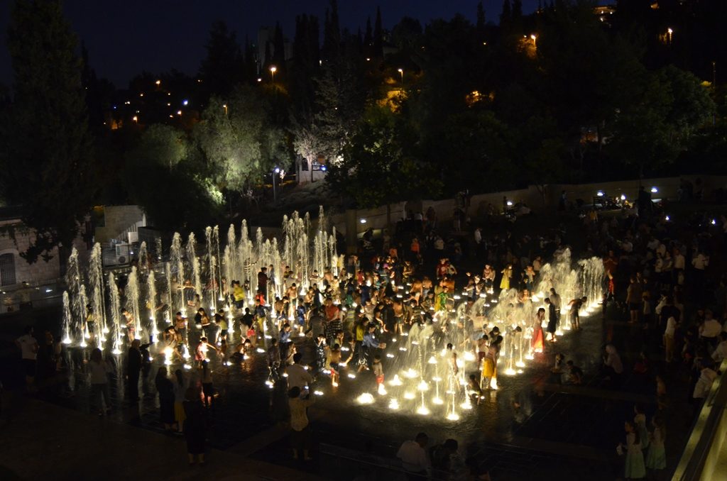 Teddy Park Fountain lit at night Jerusalem Israel 
