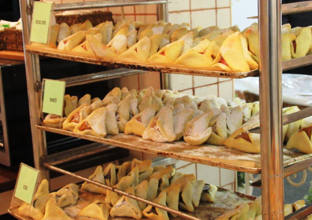 Hamentashen in bakery display in Jerusalem Israel in January 