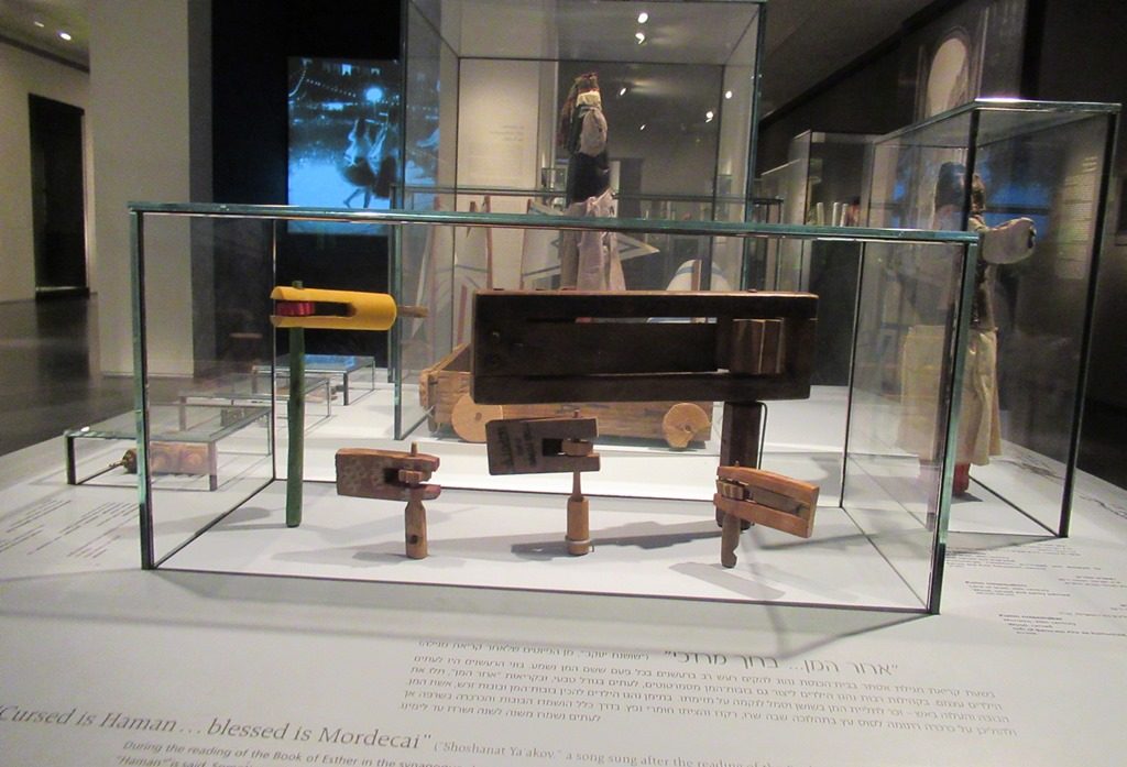 Israeli Museum display of Purim noisemakers - groggers 