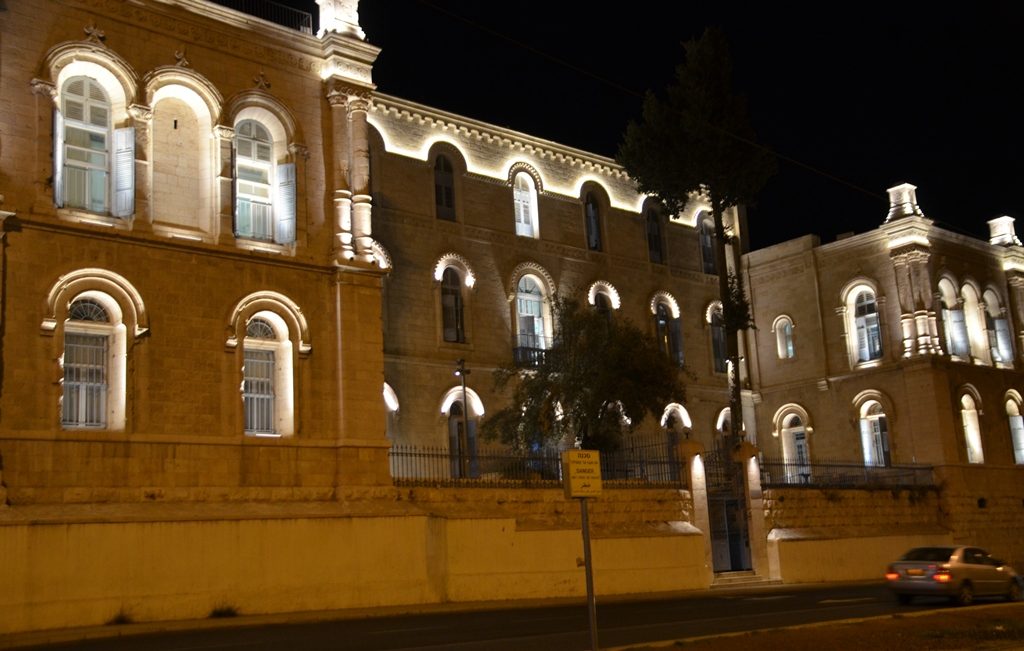 Lights on Jerusalem Israel French Hospital at night in holiday season