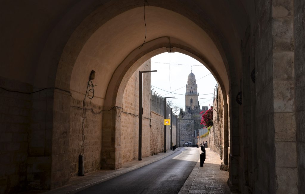 Jerusalem Israel road into Armenian Quarter quiet on Friday morning during coronavirus pandemic.