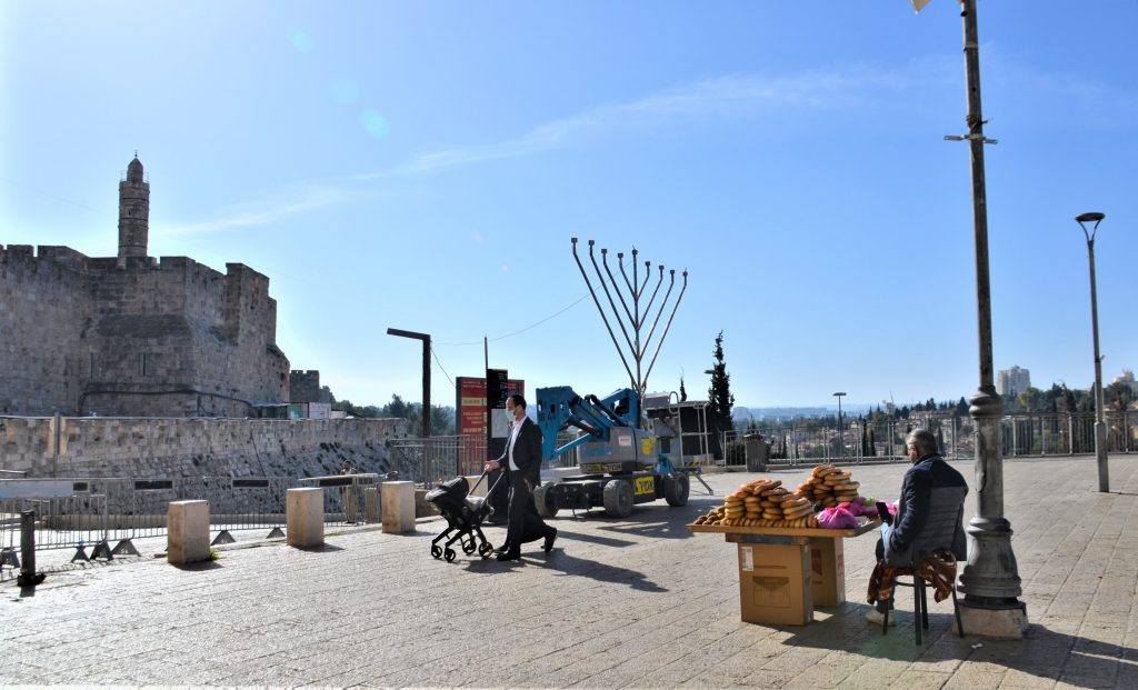 Jaffa Gate large menorah on Hanukkah with Tower of David in background 