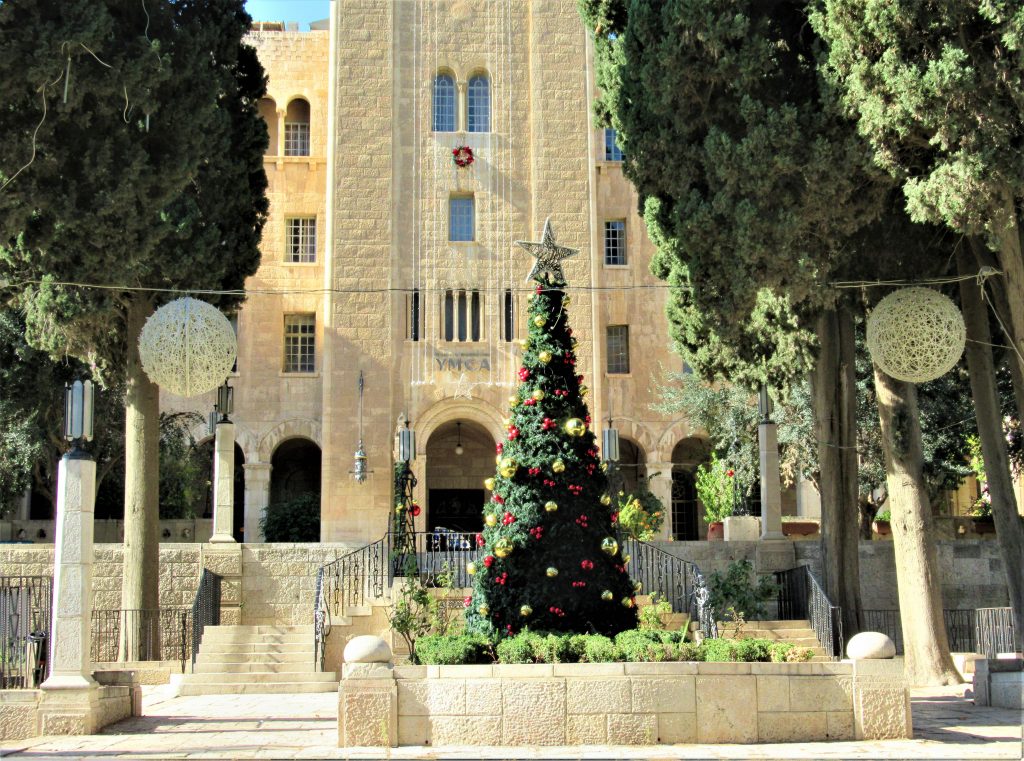 Christmas tree in front of Jerusalem YMCA on King David Street 
