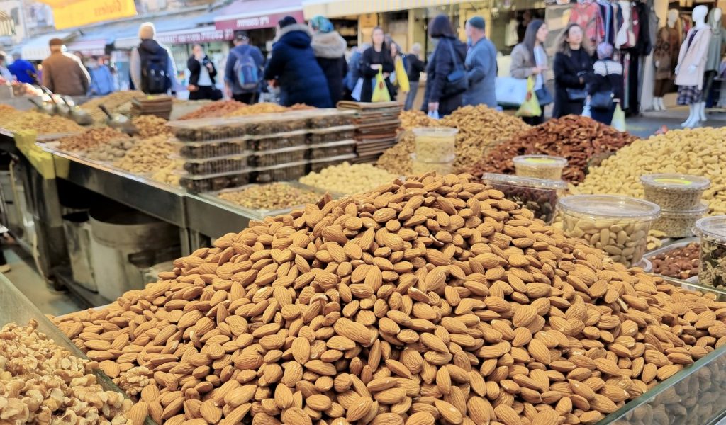 Almonds on display in Jerusalem Machane Yehudah Market before Tu Bishvat