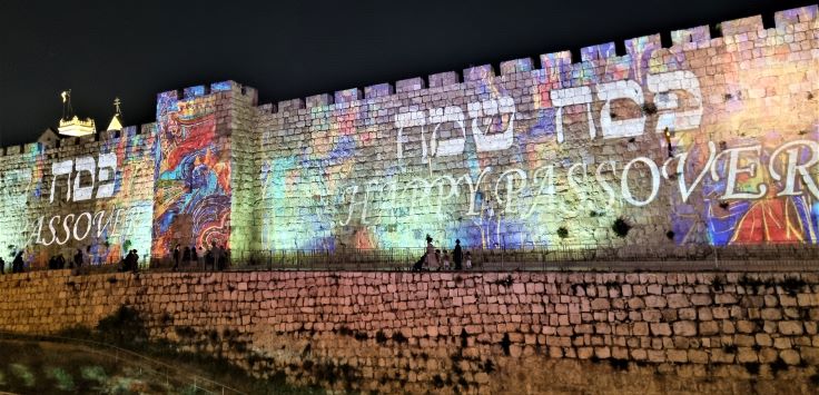 Happy Passover on the wall of Old City Jerusalem near Jaffa Gate