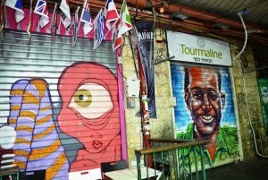 Art on closed shutters in Machane Yehuda market